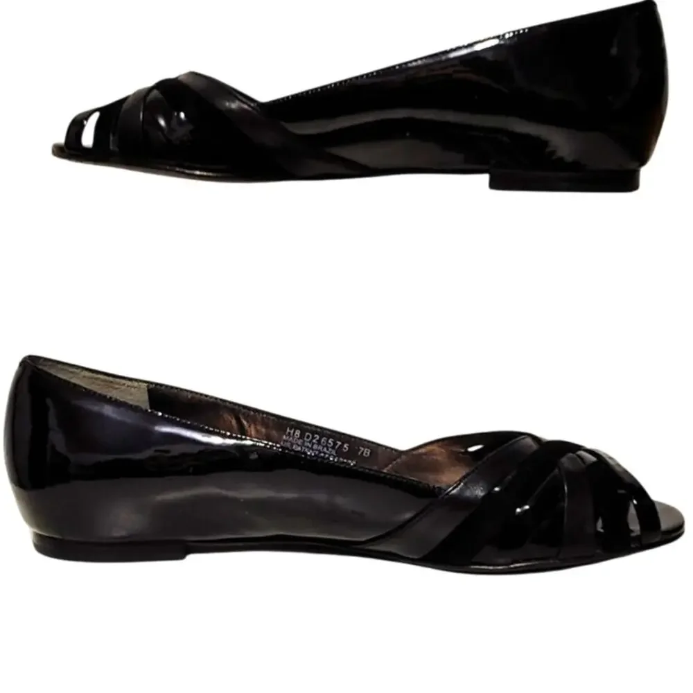 Cole Haan Peep Toe Patent Leather Flats Black Shoes Womens 7B Made in Brazil
